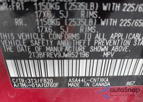 2018 Toyota Rav4 Le из США, поврежденный, VIN 2T3BFREV9JW852196